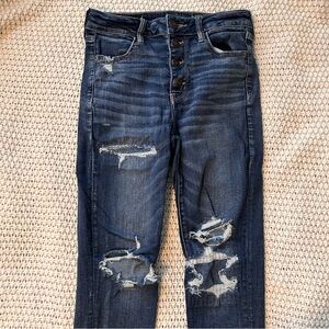 American Eagle High Waisted Skinny Jean, Dark Wash, Distressed